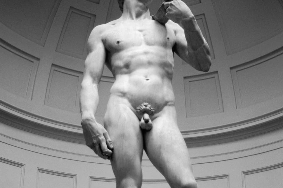 A classical statue of a male figure in a standing pose, wearing a draped garment, set against a backdrop of a curved architectural ceiling with paneling.