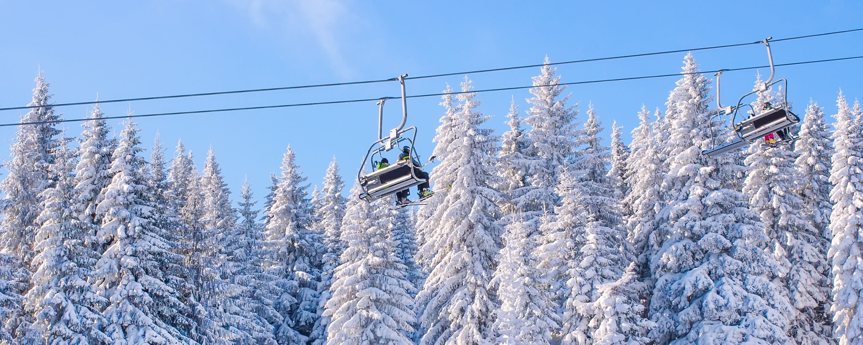 Banner, ski lift and snow trees in winter resort