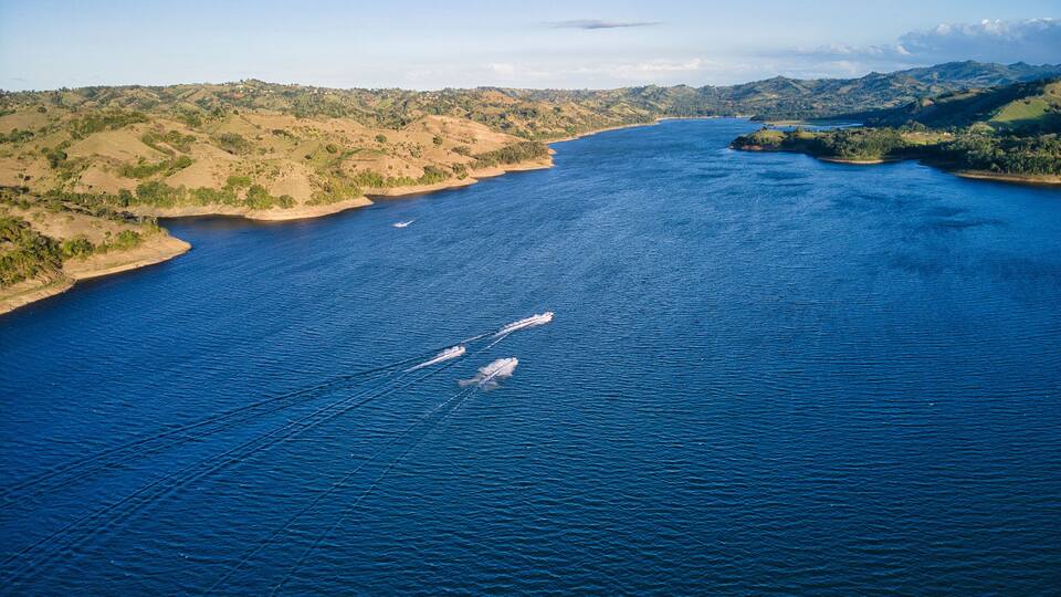 Jet ski in La Presa de Tavera in Santiago, Dominican Republic, aerial view