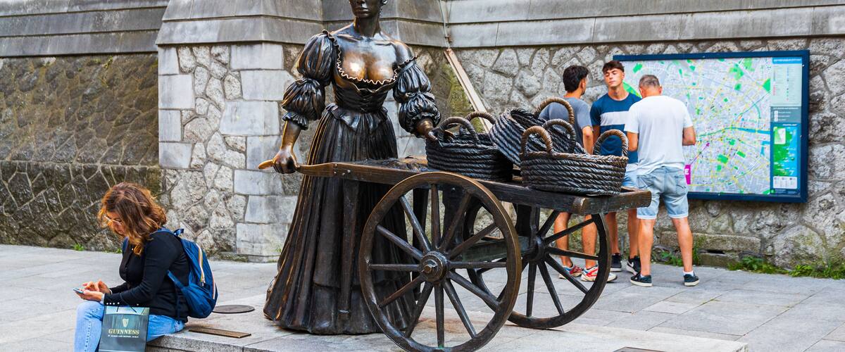 Molly Malone Statue showing a statue or sculpture and street scenes as well as an individual femail