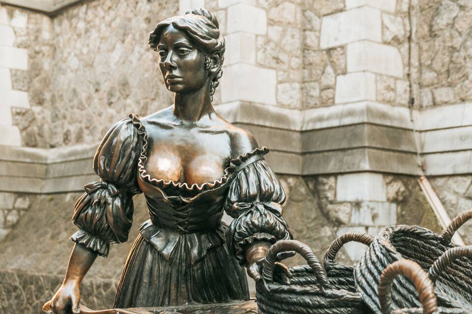 A statue of a woman holding a basket, set against a stone wall.