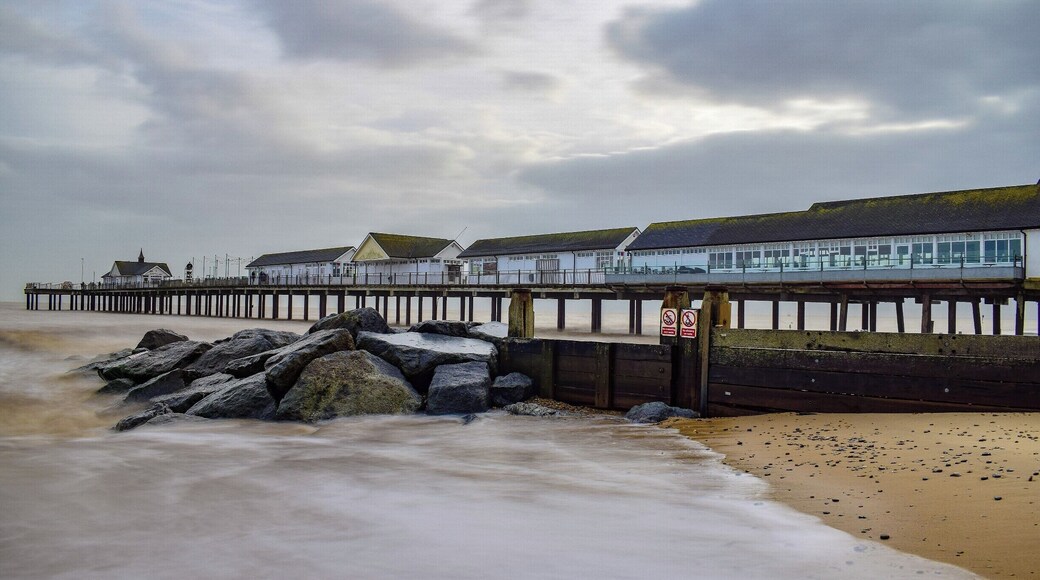 Southwold Pier is a pier in the coastal town of Southwold in the English county of Suffolk. It is on the northern edge of the town and extends 190 metres into the North Sea. There is a variety of shops and little places to eat along the pier . Also you get lovely views at the end of the pier as you look back to Southwold . Perfect place for photographers :)