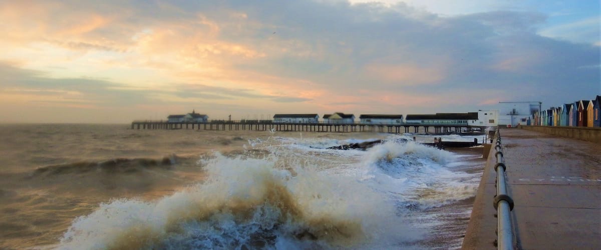 Southwold Pier at high tide creates lots of spectacular waves  and spray - it's easy to get soaked! #perspective