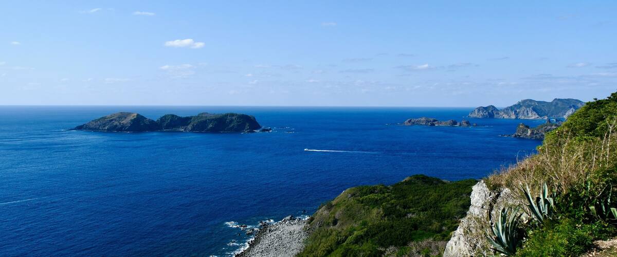 A coastal landscape with a clear blue sea, rocky outcrops, and lush greenery.