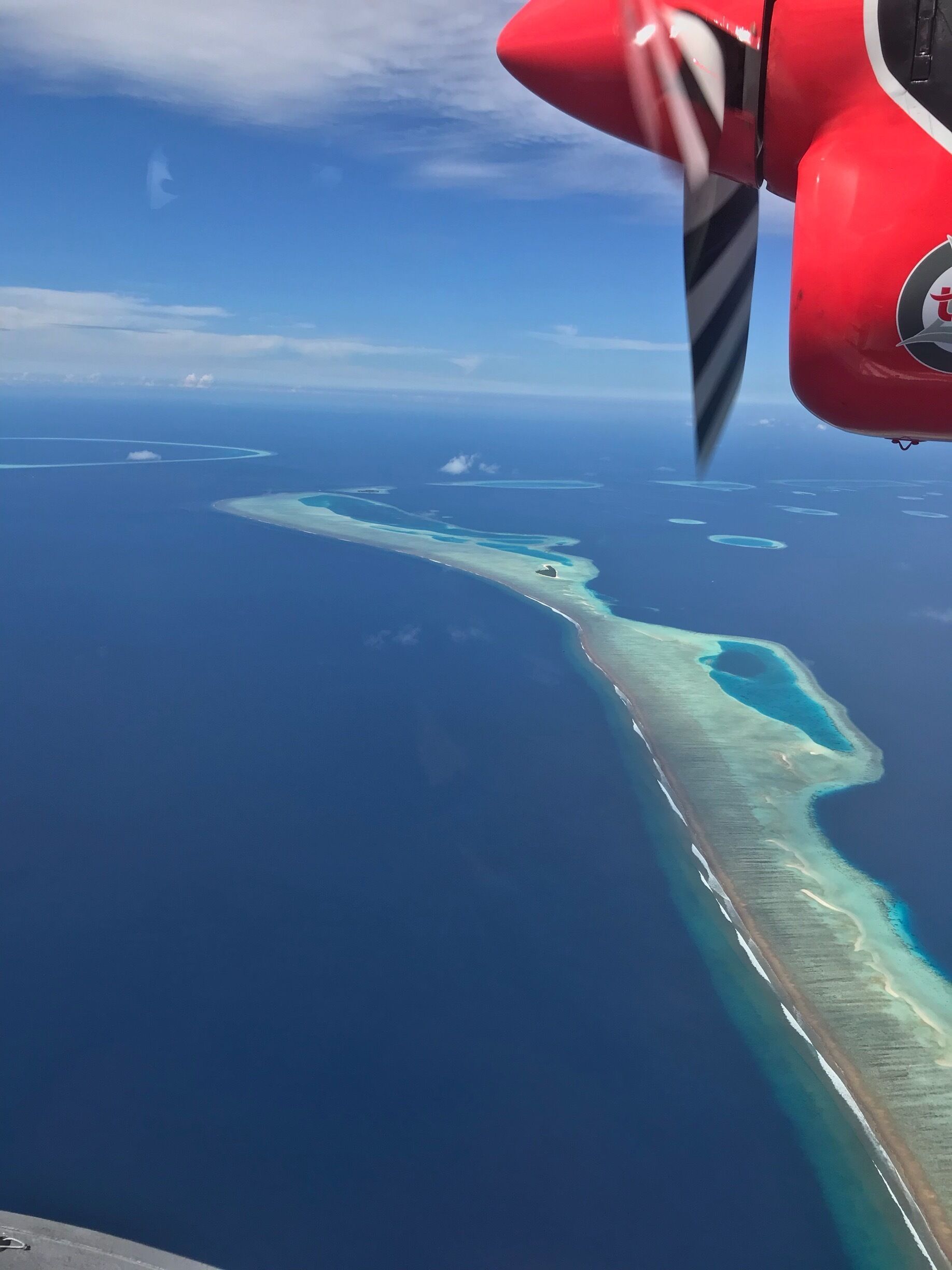 View from sea plane flying from Male airport in the Maldives to my resort for a wee break from the harsh Scottish weather. 