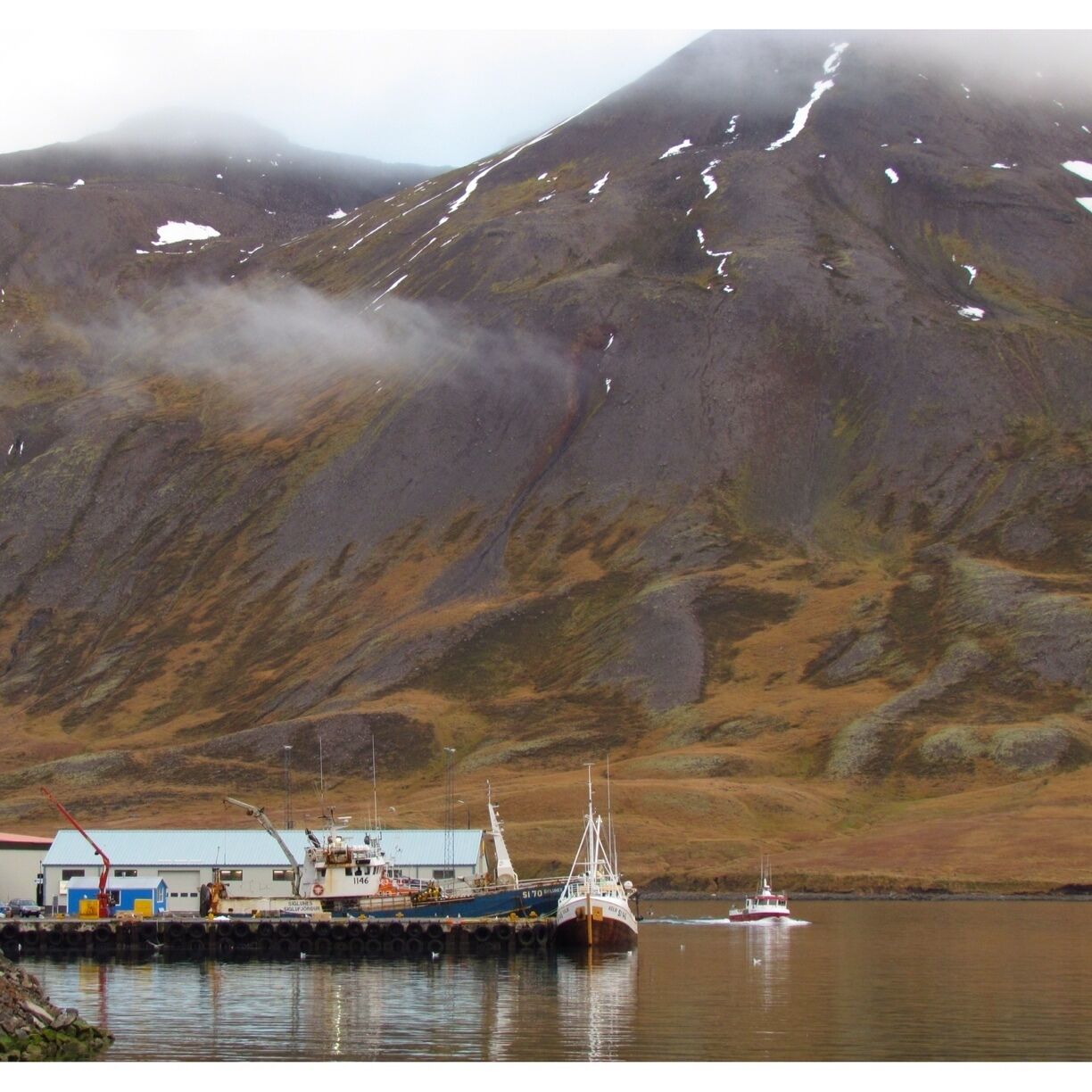 Small village nestled between fjord and mountains.