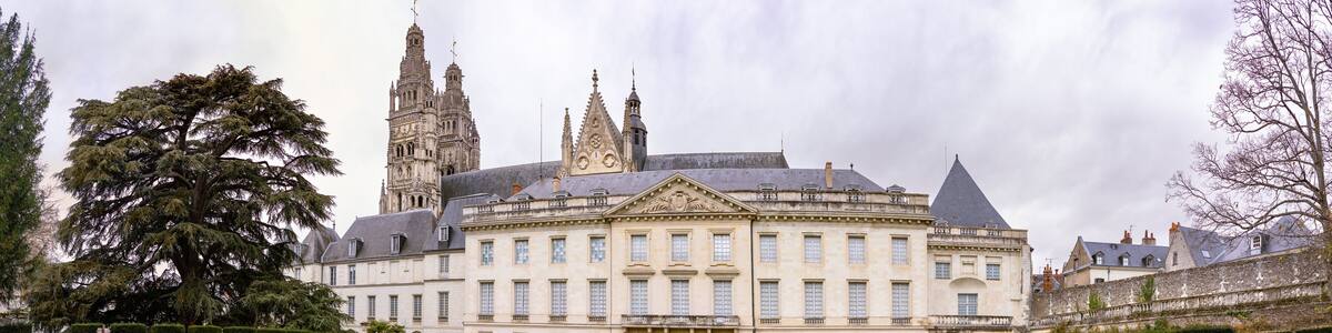 Museum of Fine Arts and garden with majestic lebanese cedar which more than bicentenary. Gothic towers of Cathedrale Saint-Gatien on background.