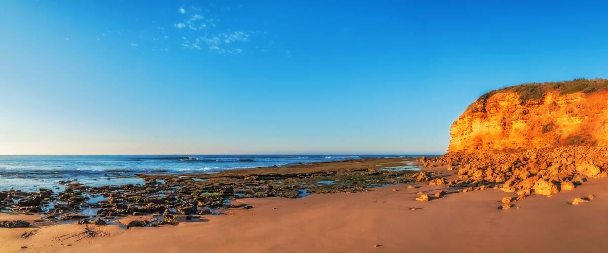 Wide angle view of Bells Beach, Great Ocean Road, Victoria, Australia at dawn