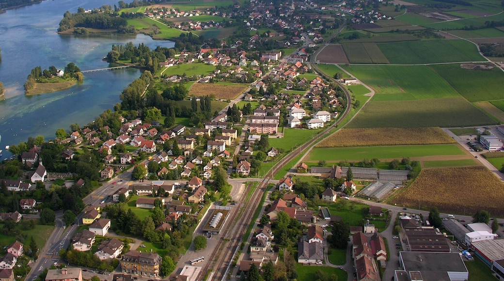 Switzerland, Canton of Schaffhausen, Thurgau Aerial view of Stein am Rhein, Eschenz and Werd island