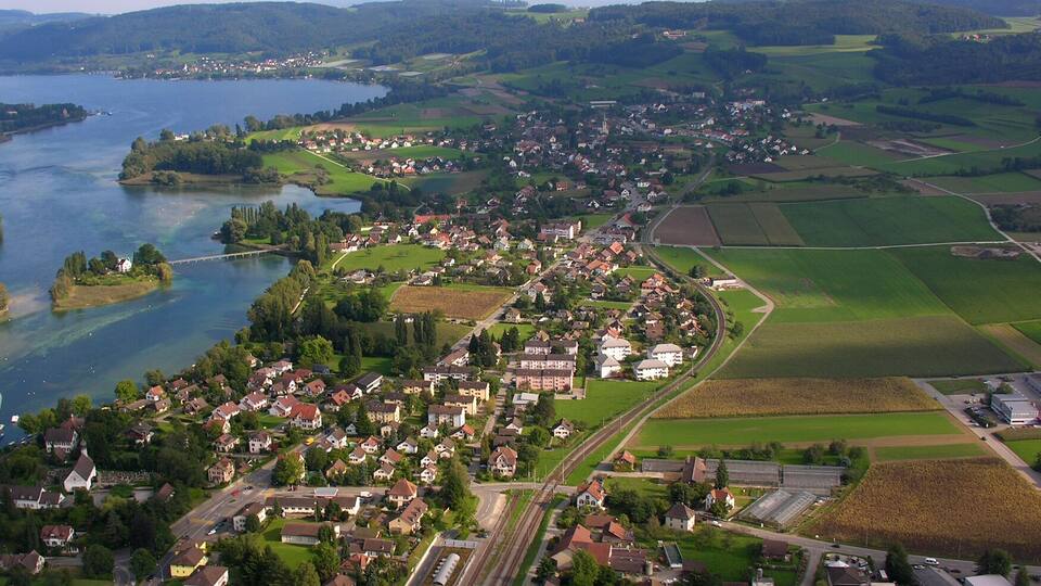 A town by a lake with houses, roads, and fields.