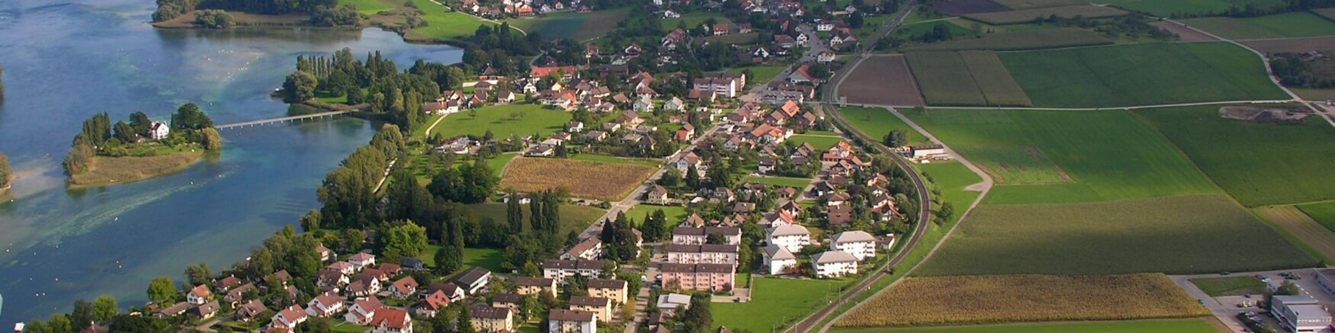 Switzerland, Canton of Schaffhausen, Thurgau Aerial view of Stein am Rhein, Eschenz and Werd island