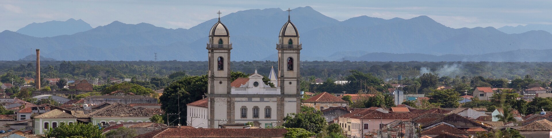 Panoramic view of Iguape, colonial city on the southern coast of the state of Sao Paulo, Brazil. Highlight for the Cathedral of Bom Jesus de Iguape