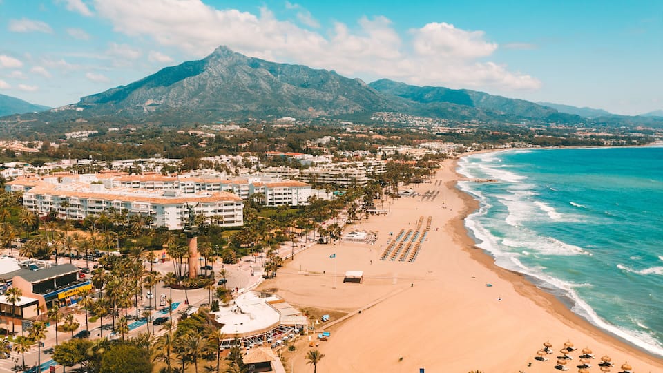 Aerial view of Puerto Banus located along the Costa del Sol. Marbella, Spain, 04.05.2021