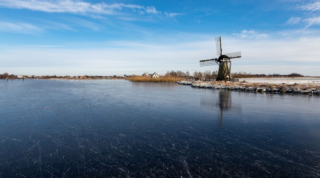 Winterlandscape with ice on the Dieperpoel (Kagerplassen) in front of a windmill (de Kok) and house on the Kogjespolder in the south-holland municipality of Teylingen (Sassenheim) in the Netherlands.