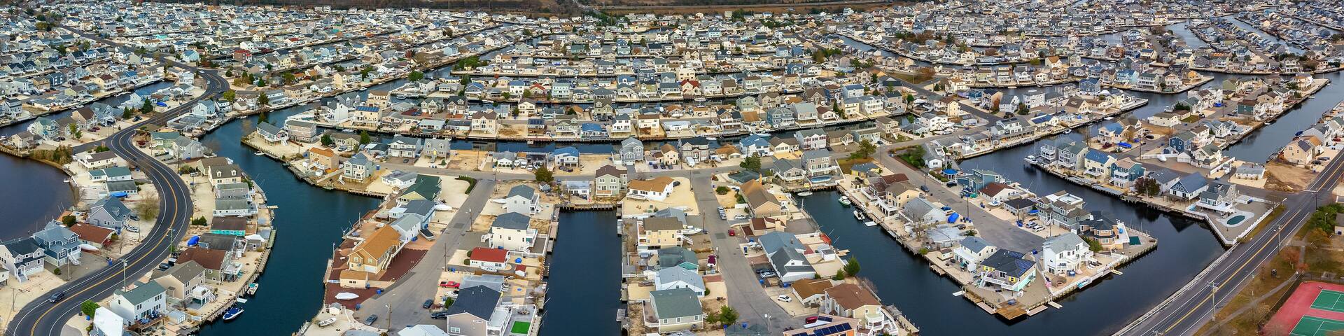 Aerial view of Beach Haven West.This is an unincorporated community located within Stafford Township, in Ocean County, New Jersey, United States.