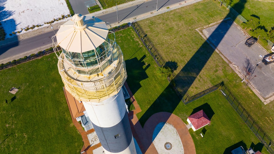 Absecon Lighthouse aerial view at the mouth of Absecon Inlet in the north end of Atlantic City, New Jersey NJ, USA. The light house was built in 1856 and is the tallest Lighthouse in New Jersey.