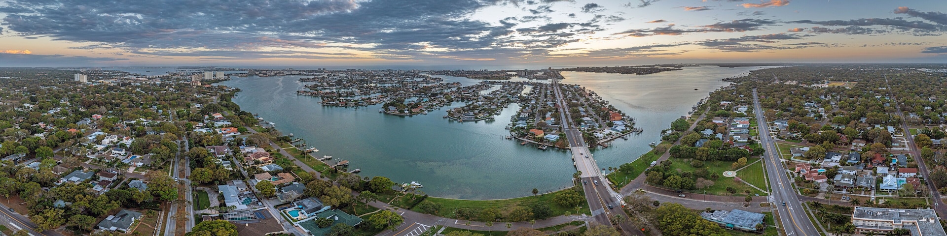 Drone panorama over South Causeway Isles and Treasure Island in St. Petersburg in Florida during sunset