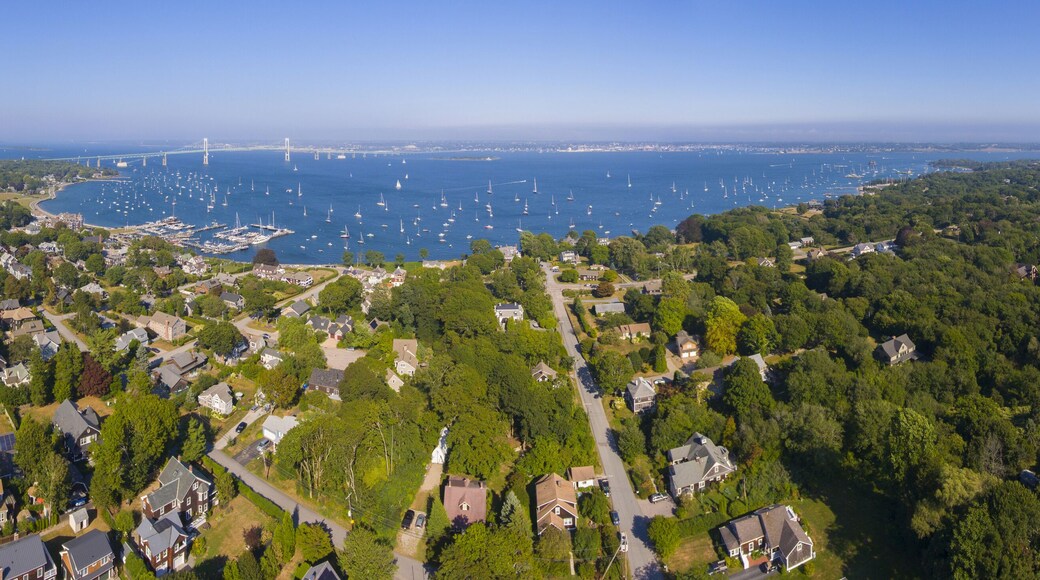 Claiborne Pell Newport Bridge on Narragansett Bay and town of Jamestown aerial view in summer, Jamestown on Conanicut Island, Rhode Island RI, USA.