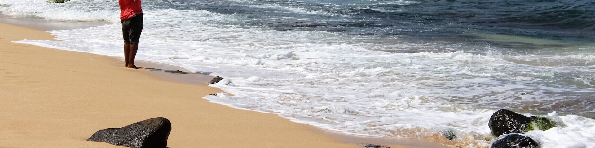 A person fishing on a sandy beach with waves crashing onto the shore and mountains in the background.