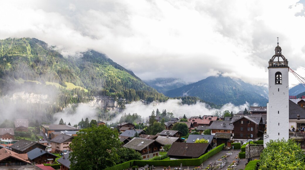 Panorama of Champéry, Switzerland, Canton Valais, with mountain range Dents du Midi