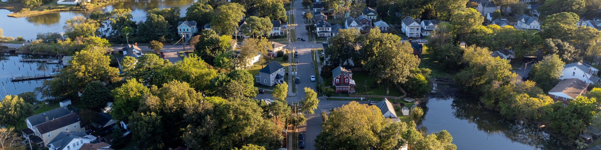 An aerial view of a residential area with houses, trees, and a body of water.