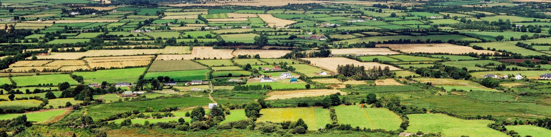 A panoramic view of a rural landscape with rolling hills, fields, and scattered houses.