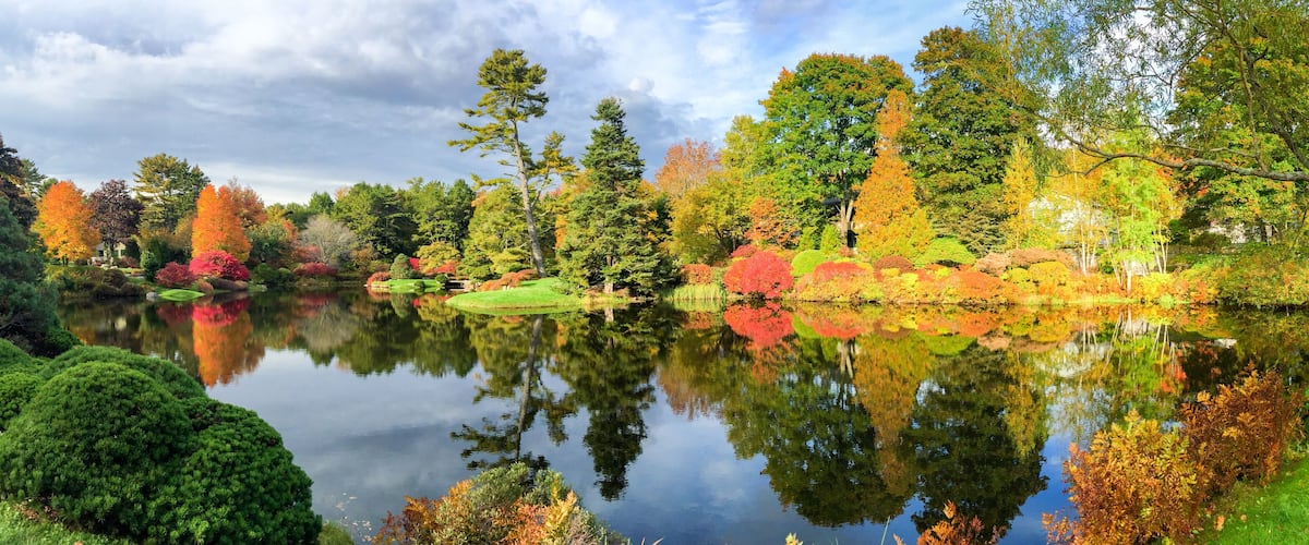 A serene lake surrounded by autumn-colored trees and a well-maintained garden.