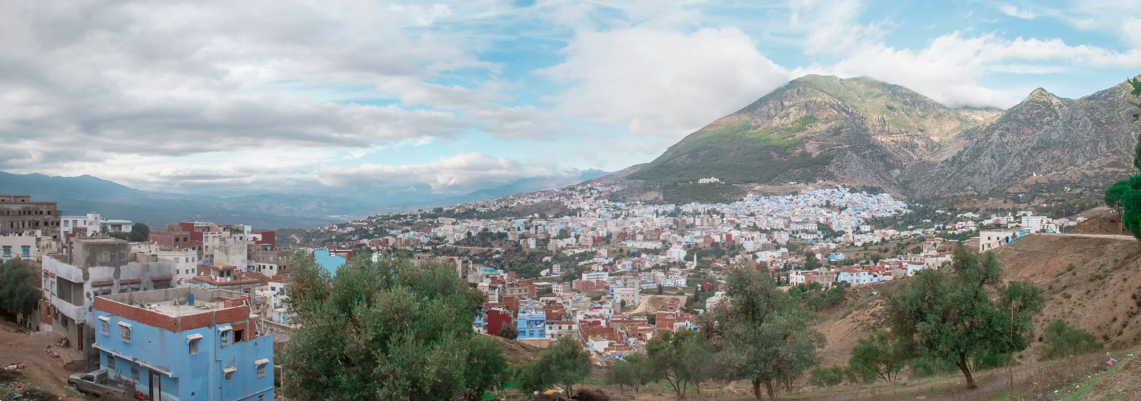 Panoramic view of the village of Chefchaouen, or Chaouen, a picturesque village in the Tangier-Tetouan region, visited by tourists from all over the world, located in northern Morocco