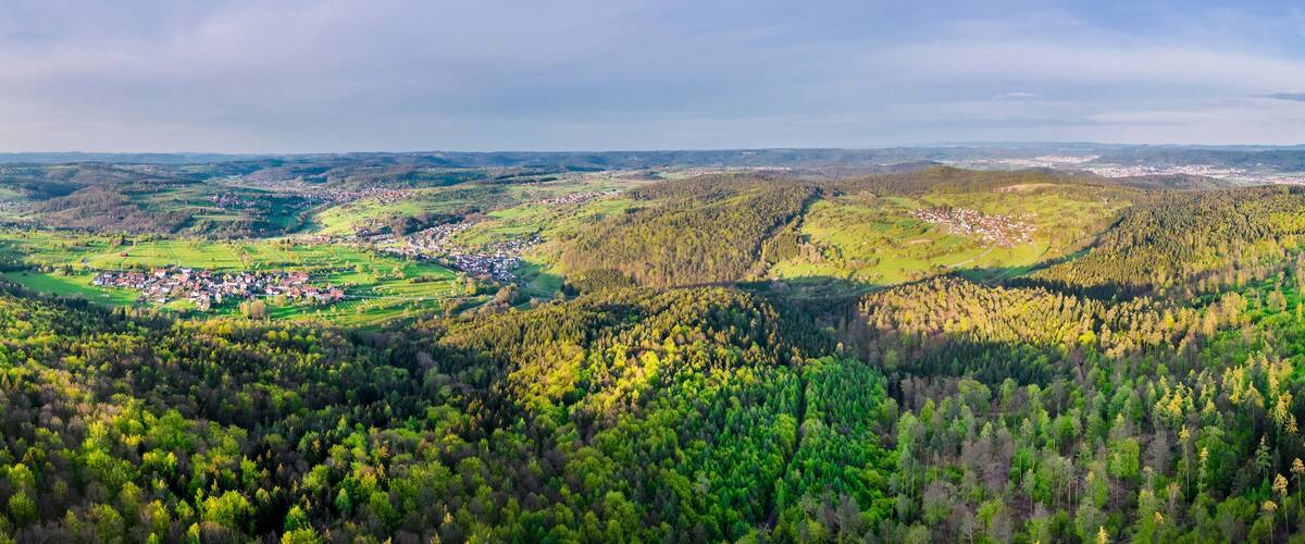 A valley with a town surrounded by forested hills.
