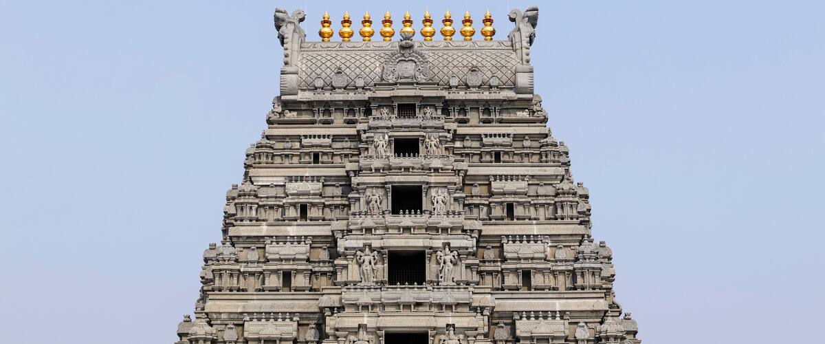 Gopuram of the newly built Lakshmi Narasimha Swamy Devasthanam, Yadagirigutta, Bhuvanagiri, Telangana, India.
