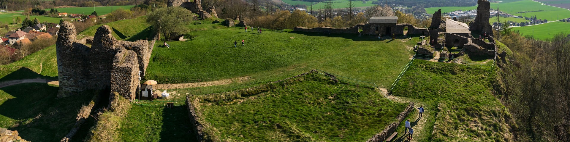 A historic castle ruin surrounded by lush green fields and a distant mountain.