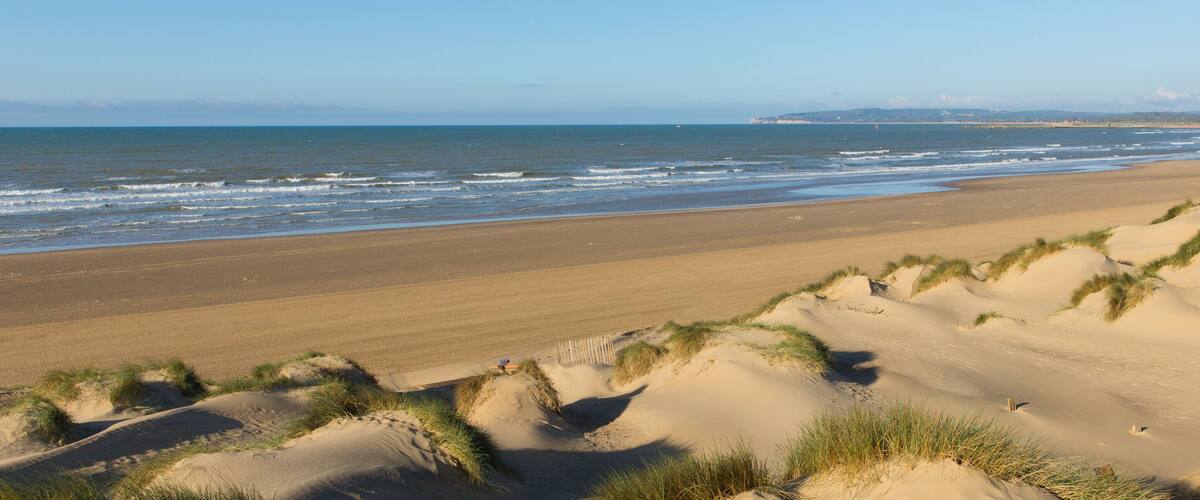A sandy beach with dunes and the ocean.
