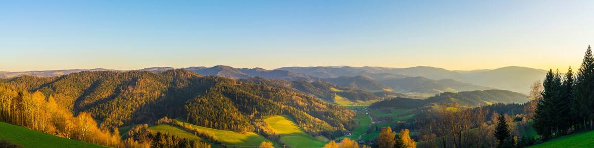 Germany, XXL Panorama view above hiking nature landscape of schwarzwald black forest tourism region at sunset