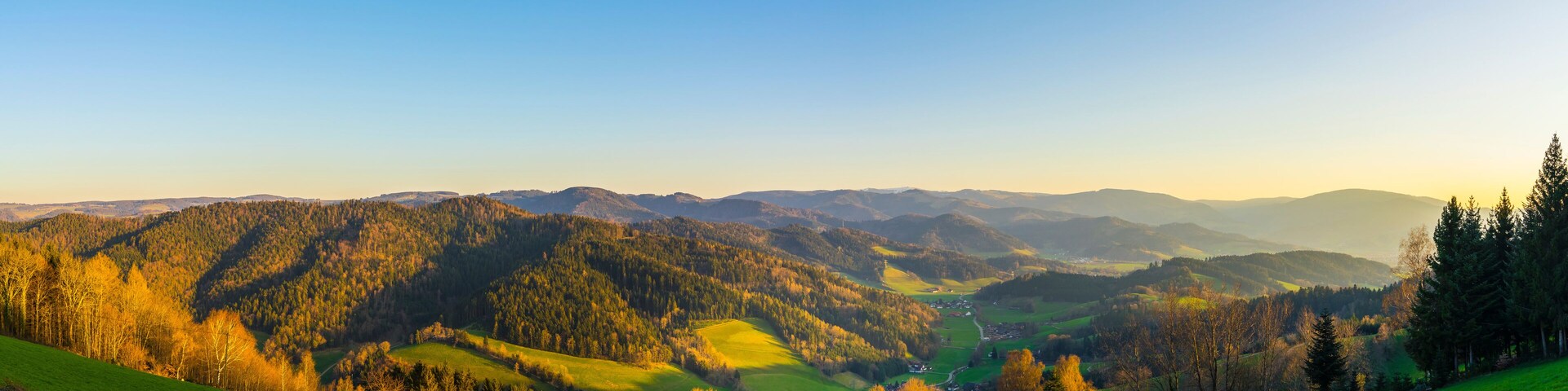 Germany, XXL Panorama view above hiking nature landscape of schwarzwald black forest tourism region at sunset