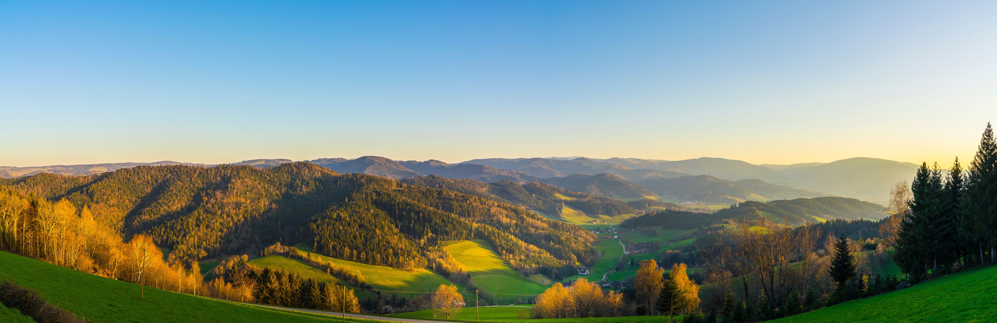 A valley with rolling hills, dense forests, and a clear sky.
