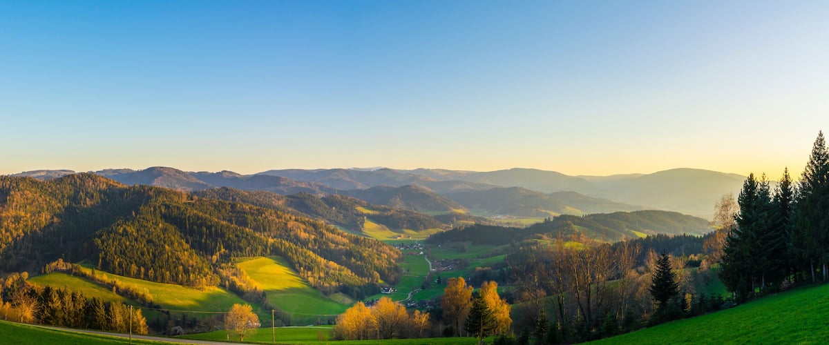 A valley with rolling hills, dense forests, and a clear sky.