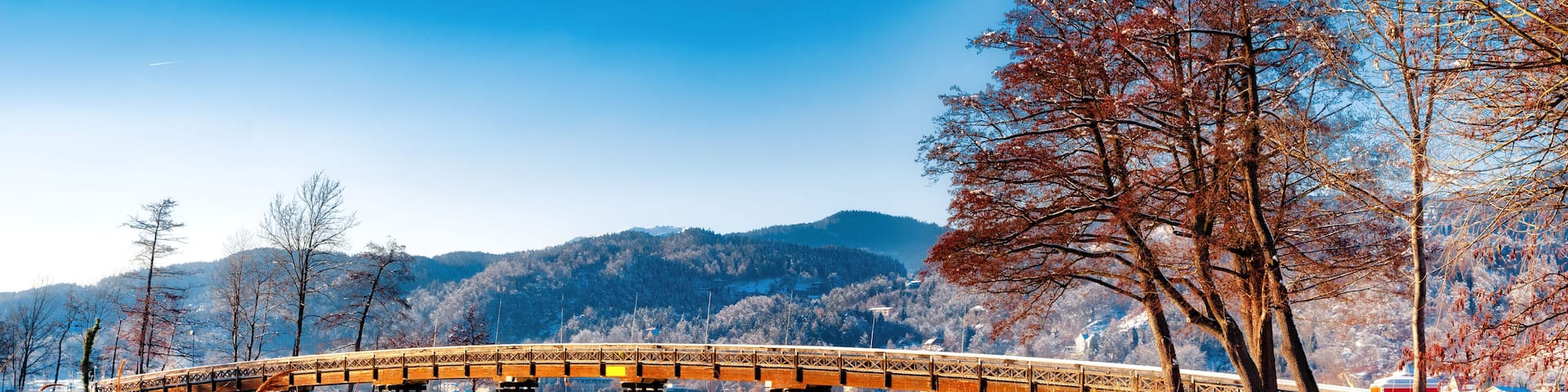 A wooden bridge over a river with tall reeds and snow-covered rocks.