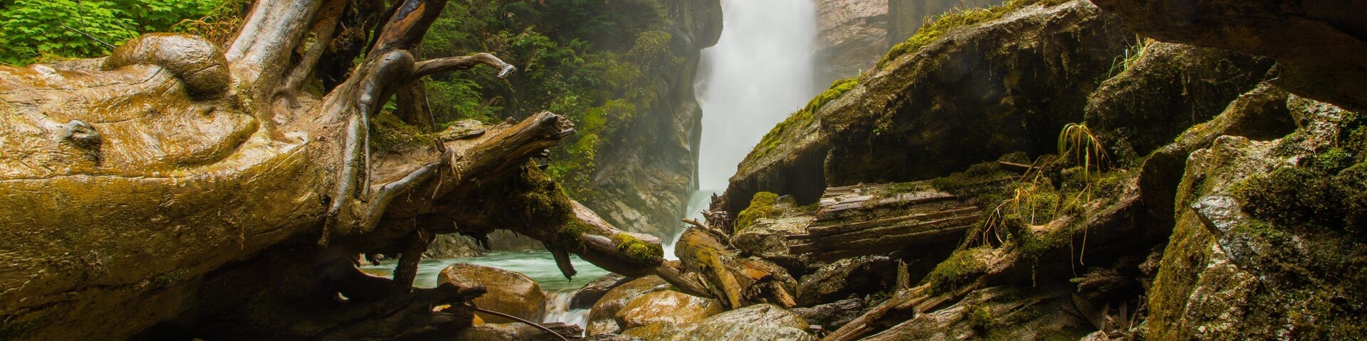Una cascada rodeada de grandes rocas y ramas de árboles caídas.