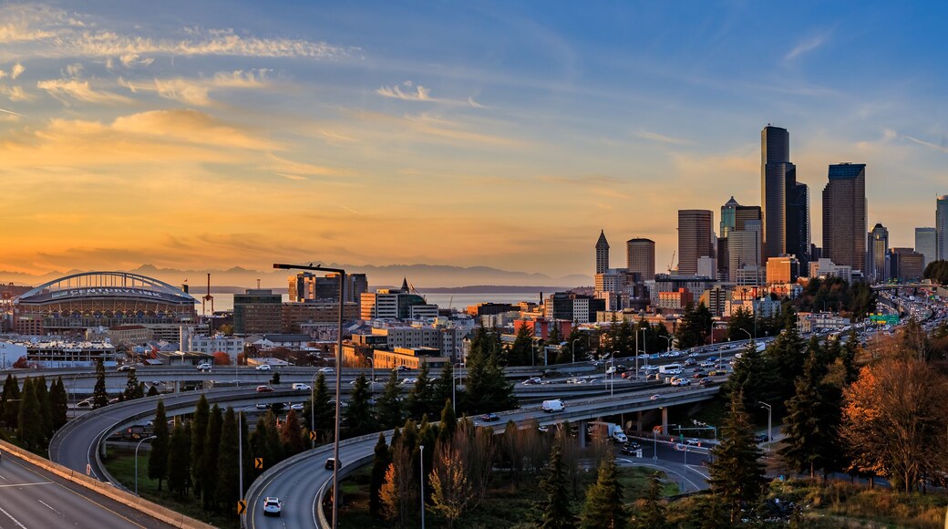 Seattle downtown skyline sunset from Dr. Jose Rizal or 12th Avenue South Bridge