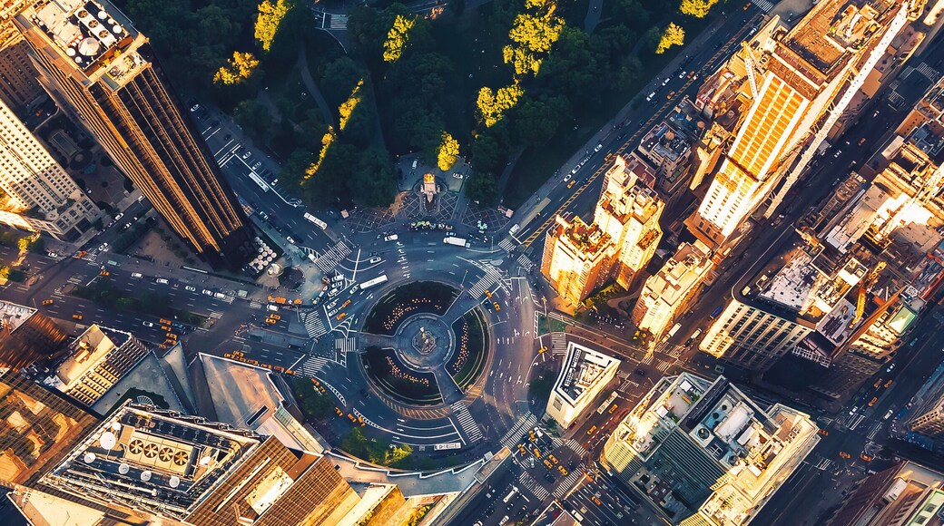 Aerial view of Columbus Circle and Central Park in New York CIty at sunset