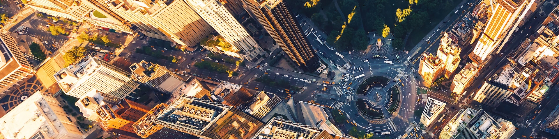 Aerial view of Columbus Circle and Central Park in New York CIty at sunset