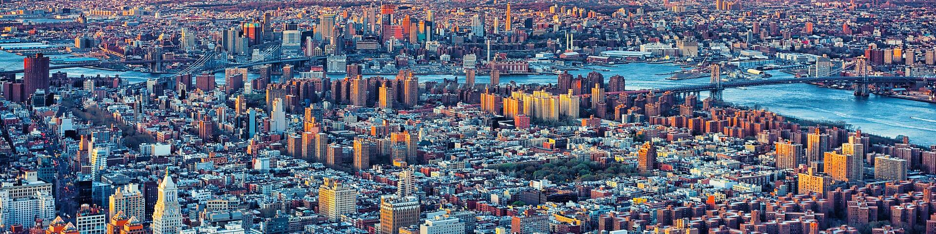 Aerial panoramic view on East Village in Downtown, New York city, NYC, USA, Williamsburg Bridge, Brooklyn. East River. Manhattan skyline. American architecture building. Panorama of Metropolis