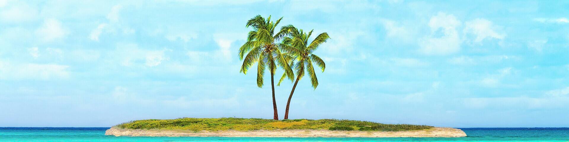 Beautiful Caribbean sea glowing and warm sunlight bathing on some remote coconut palm trees on a deserted island.