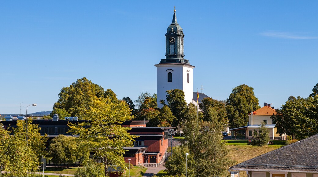 Lutheran church, white stone tower. Hedemora, Sweden.