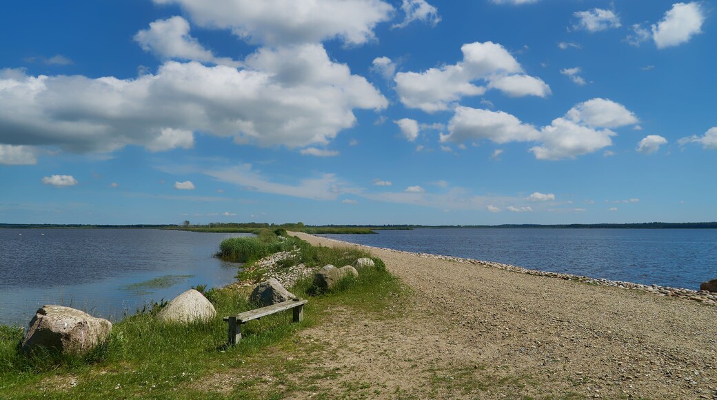 a simple wooden bench without backrest and some boulders stand at a dam in the lake Filsø on a sunny summer day with scenic white clouds on blue sky