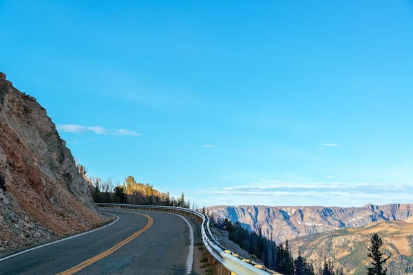 Highway to Yellowstone National Park with the Beartooth Mountains in the background near Red Lodge, Montana