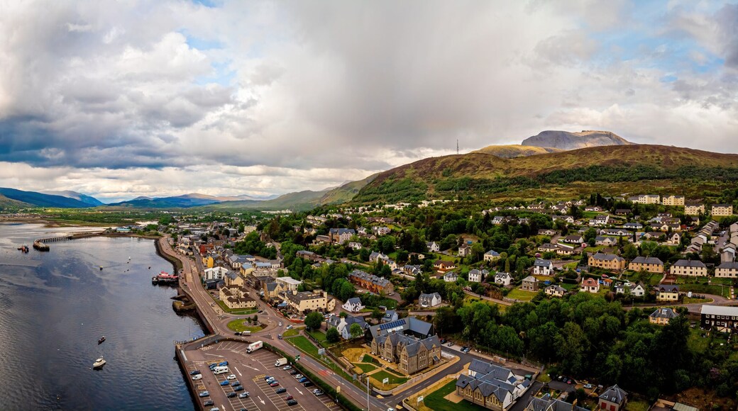 Aerial view of Fort William, a town in the western Scottish Highlands, on the shores of Loch Linnhe, known as a gateway to Ben Nevis