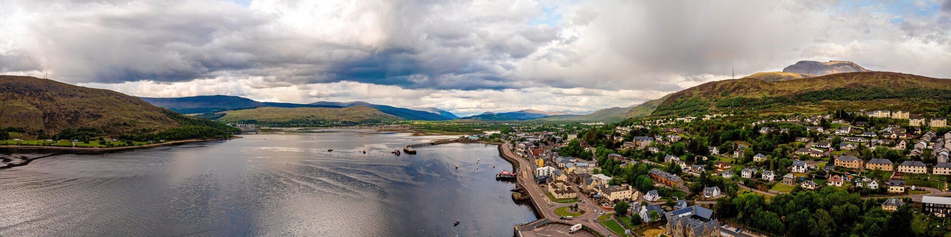 Aerial view of Fort William, a town in the western Scottish Highlands, on the shores of Loch Linnhe, known as a gateway to Ben Nevis