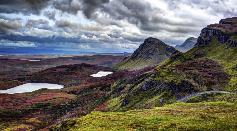 The Quiraing: rain and wind to october evening. Northeast coast of Trotternish Peninsula, Isle of Skye, Inner Hebrides, Scotland, United Kingdom, Europe.