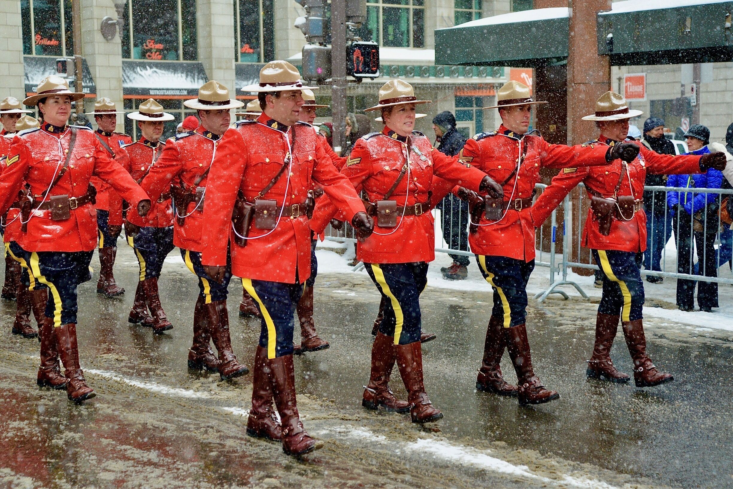 Royal Canadian Mounted Polices match in the snow during St. Patrick Day’s parade in Quebec City. This City has a large population of Irish.
#Canada #Quebec #QuebecCity #StPatrickDay #parade #snow #red #police #RCMP